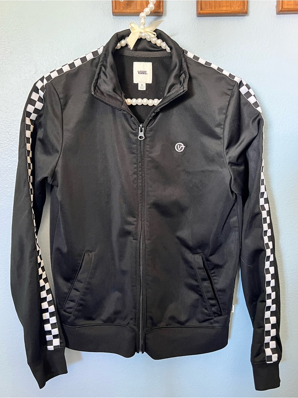 Vans Black Zip-Up Jacket with Checkerboard Sleeve Stripes